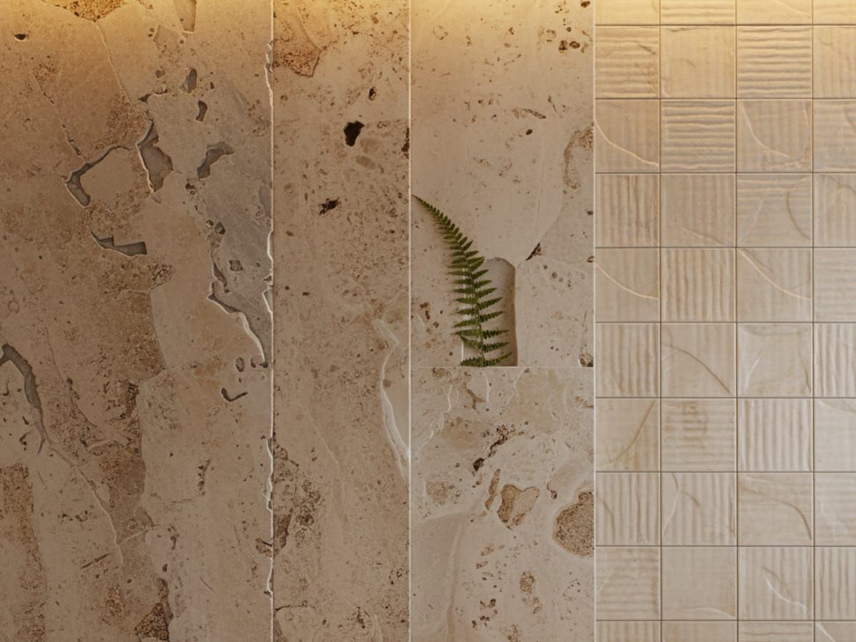 Natural stone bathroom detail with textured tile