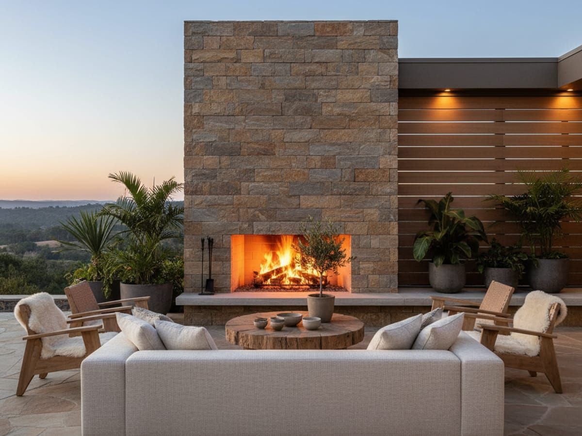 Outdoor fireplace with seating area